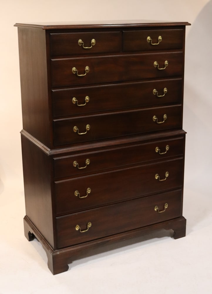 Henkel Harris Mahogany Tall Chest: Henkel Harris mahogany tall chest with (8) drawers, labeled, 55" H x 36" W x 20" W. Good condition. Provenance: Wakefield, Massachusetts collection.