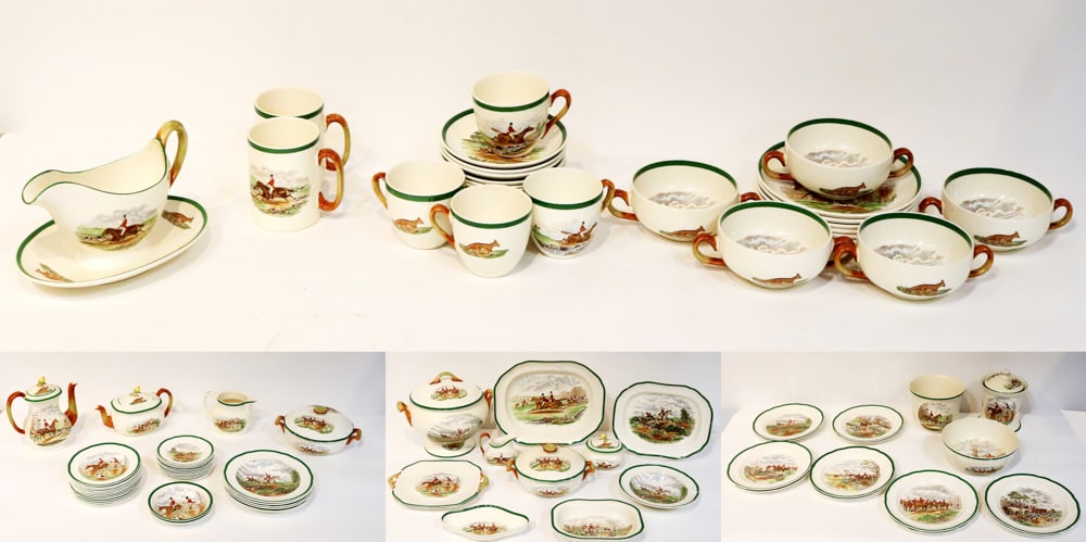 Vintage English Spode China, The Hunt, Going to Hallou: Vintage English Spode china set, Herring Hunt, The Hunt, Going to Hallou; (96) pieces total. Provenance: Wakefield, Massachusetts collection.