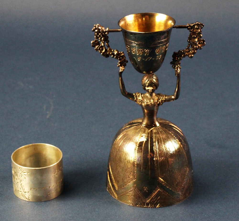 Sterling Wedding Gift Cup and Napkin Ring: Sterling wedding gift cup and sterling napkin ring, gift circa 1970. Approximately 8.5 troy oz TW. Provenance: Wakefield, Massachusetts collection. PLEASE NOTE: payment for silver, gold, jewelry, and