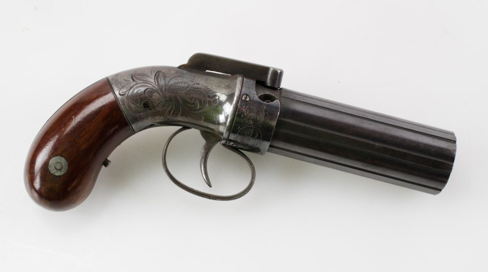 Allen and Thurber 1837 Pepperbox Revolver: Allen and Thurber 1837 ribbed barrel 6-shot pepperbox revolver, Worcester, Massachusetts, serial #147. Provenance: Brookline, Massachusetts collection.