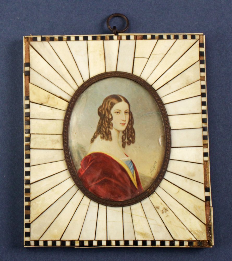 19thC Miniature Portrait in Bone Frame: 19th century miniature portrait, signed indistinctly, possibly "Fuger", in bone frame, 5" x 4". Provenance: New York estate.