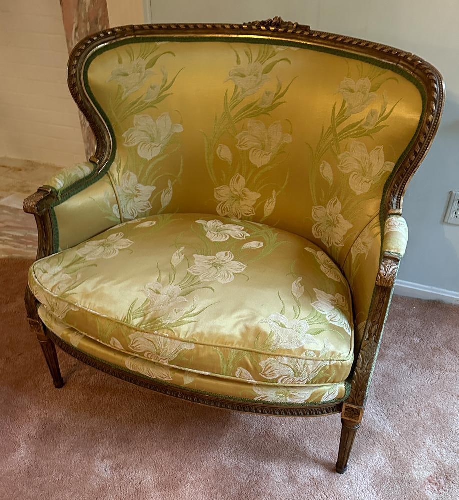 Antique Louis XVI Giltwood Loveseat: Antique Louis XVI giltwood loveseat, 37" H x 35" W x 30" D. Provenance: Estate of Kathleen Cavanaugh, Collinsville, Connecticut.