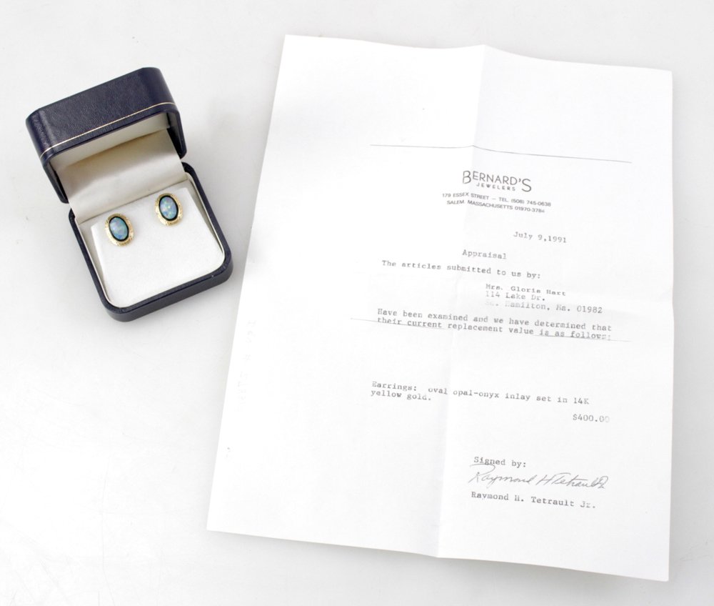 Pair of 14k Yellow Gold Onyx and Opal Earrings: Pair of 14k yellow gold, onyx and opal earrings, opals approximately 12 x 8mm. Approximately 5 grams TW. Includes 1991 appraisal. Provenance: South Hamilton, Massachusetts collection. PLEASE NOTE: pay