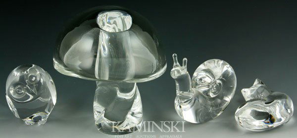 4 Piece Collection of Steuben: Four piece collection of signed Steuben to include mushroom, 4 3/4"h x 4 3/8"dia; snail 3 1/8"h x 3"w; owl, 2 1/2"h; sleeping cat, 2 1/2"w; together with Steuben pamphlet "About Steuben", all in felt