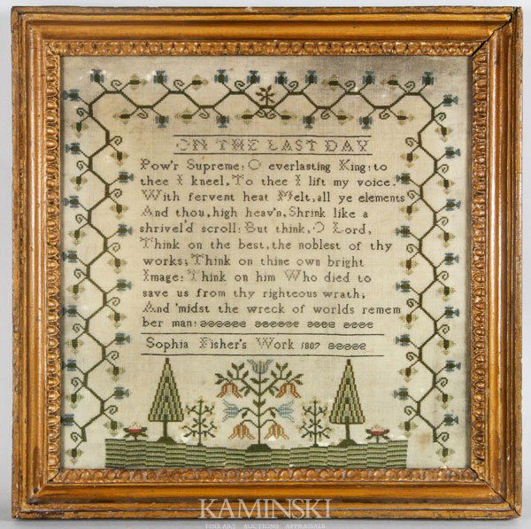 Early Sampler Dated 1807 by Sophia Fisher: Early sampler dated 1807 by Sophia Fisher, 11 3/4" x 12".