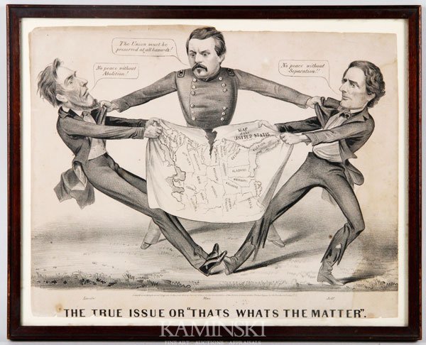 1864 Currier & Ives Political Cartoon: 1864 Currier & Ives political cartoon, "The True Issue" or "What's The Matter" depicting Lincoln McClellan and Jefferson Davis, 10"x 13", 11 3/4" x 14 5/8" (frame). Some toning and tearing at edges, p