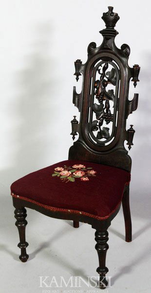 19th C. Victorian Gothic Chair: 19th century Victorian Gothic chair, carved walnut with fine needlepoint seat, 44 1/2"h x 19 1/2"w.