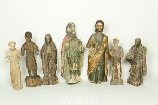 Collection of 7 Carved Religious Figures: Collection of seven carved French colonial religious figures, wood, largest 13 3/4"h. Various conditions.