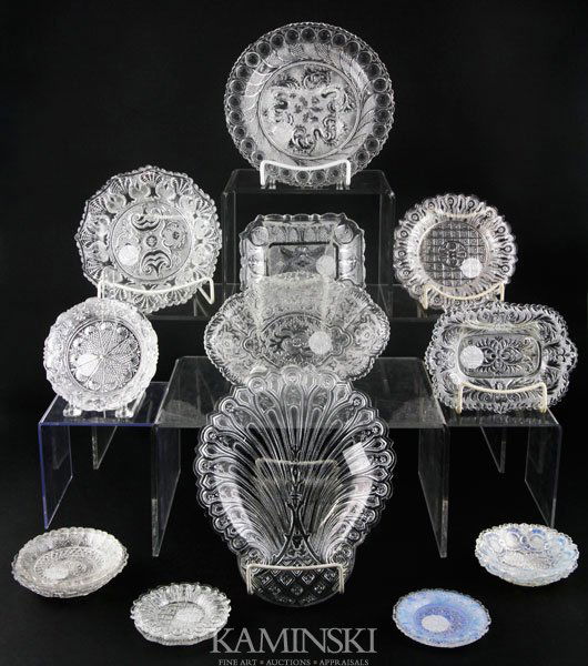 Collection of 19th C. Lacy Pressed Glass: Collection of 19th century lacy pressed glass, 15 pieces total, Boston and Sandwich Glass Co. and others, cup plates, plates, bowls, etc., mostly clear, three pieces of fiery opalescent, shell shaped