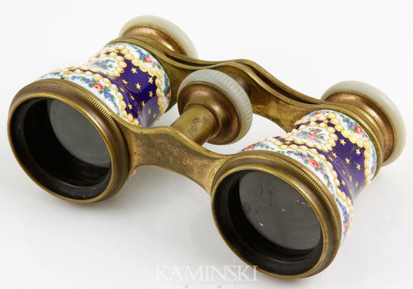 19th C. French Opera Glasses: 19th century French enameled opera glass having mother of pearl eye-pieces and jade adjusting ring, 4"w.