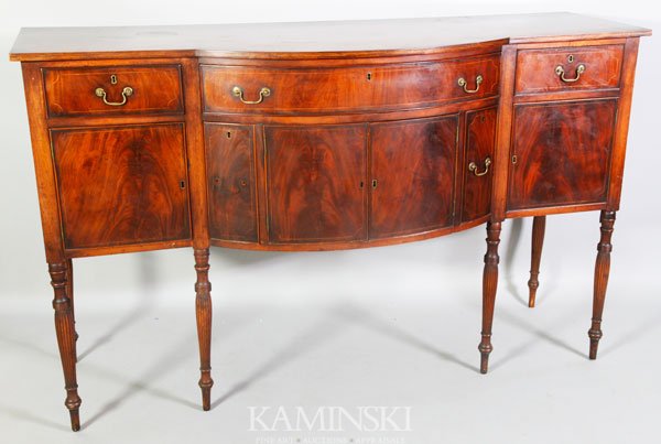 19th C. Sheraton Salem Inlaid Sideboard: Early 19th century Sheraton Salem inlaid mahogany sideboard, 42 1/2"h x 88"l x 19"d.