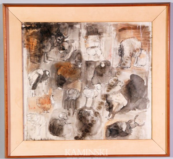 Cuevas, Stylized Figures, W/C: Jose Luis Cuevas (American/Mexican, b. 1933), stylized figures and animals, watercolor, signed "Cuevas" left side, 22 1/2" x 25", 29 5/8" x 32" (frame), includes a book about the artist.