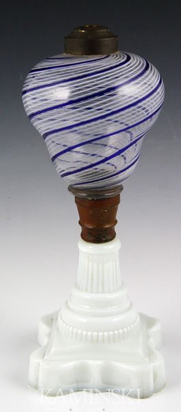 Boston & Sandwich Co. Oil Lamp: Circa 1870-1887 Boston and Sandwich Glass Co. free blown latticino oil lamp with pressed square base, ref. Barlow & Kaiser "A Guide to Sandwich Glass" figs 2297 and 2298, 10 3/4"h.