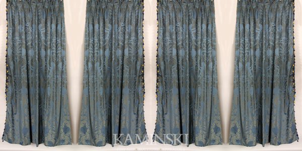 2 Pairs of Blue Damask Fortuny Style Drapes: Two pairs of blue damask fortuny style pattern drapes, having matching cornice boards and two pairs of tassel tiebacks, 103 1/2"l x 40"w (drapes), 16 1/2"h x 58"w x 10"d (cornice boards).