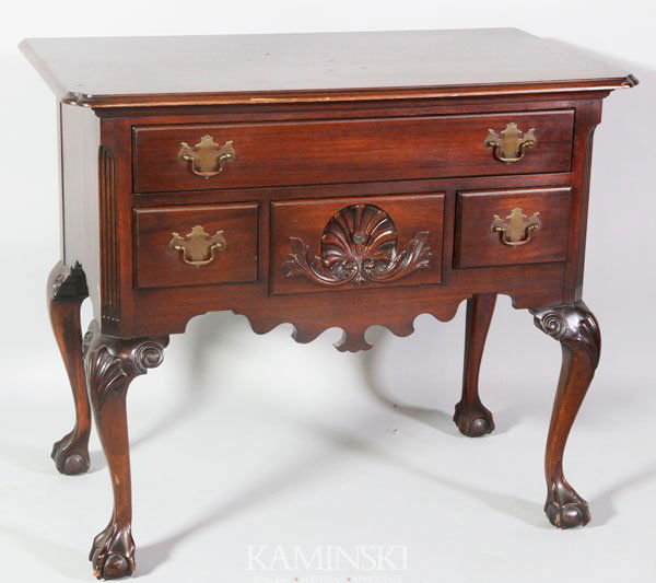 Custom Philadelphia Carved Mahogany Lowboy: Custom Philadelphia William Savery style carved mahogany lowboy, 30 1/2"h x 35 1/2"l x 20 1/2"d. Made after the original at the Henry Ford Edison Institute Museum, Dearborn, Michigan.