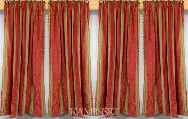 2 Pairs of Damask Striped Drapes: Two pairs of burgundy and bronze damask striped drapes, having two matching cornice boards and two pairs of tassel tiebacks, 103 1/2"l x 40"w (drapes), 16 1/2"h x 58"w x 10"d (cornice boards).
