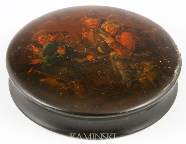 19th C. Papier Mache Snuff Box: 19th century papier mache snuff box having transfer decoration of a tavern scene, 4 1/2"dia. 2" area of edge wear to transfer, 1 7/8" area of loss to rim of lid.