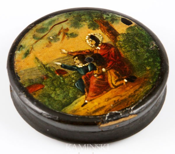 19th C. Papier Mache Snuff Box: 19th century papier mache snuff box having memorial transfer decoration of a mother and child, 3"dia. Minor loss to transfer, 3/4" area of finish loss to rim of lid.