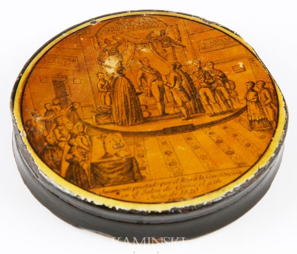 19th C. Papier Mache Snuff Box: Early 19th century papier mache snuff box having transfer decoration of "Salem de Cortes", dated 1820, also transfer decorated under base, 3 1/2"dia. Some finish chips and wear.