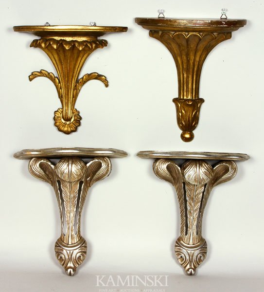 Lot of Italian Wall Sconces: Lot of 19th and 20th century Italian wood wall sconces, two gilt sconce, pair of silver gilded acanthus leaf sconces 12"h.
