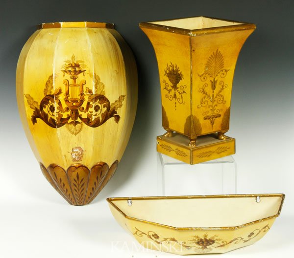 2 French Painted Flower Holders: Two French classical theme flower holders with font, painted metal, one wall mounted 16"h. Minor paint loss.