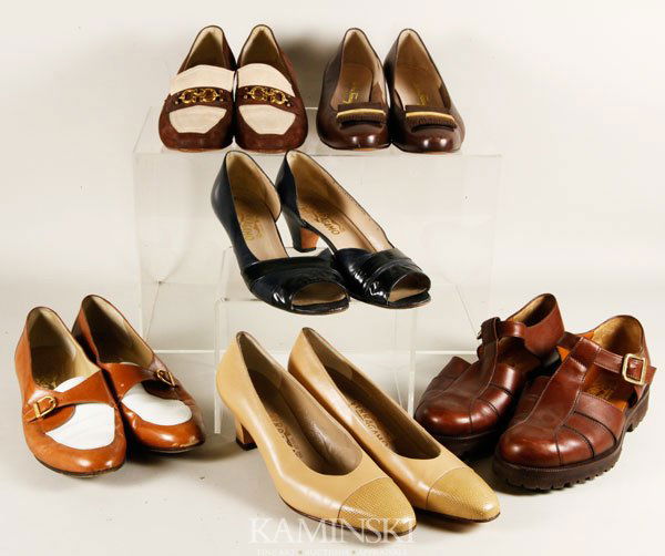 6 Pairs of Ferragamo Shoes: Lot of six pairs of S. Ferragamo shoes, leather, suede, linen and patent leather, sizes 9-10.
