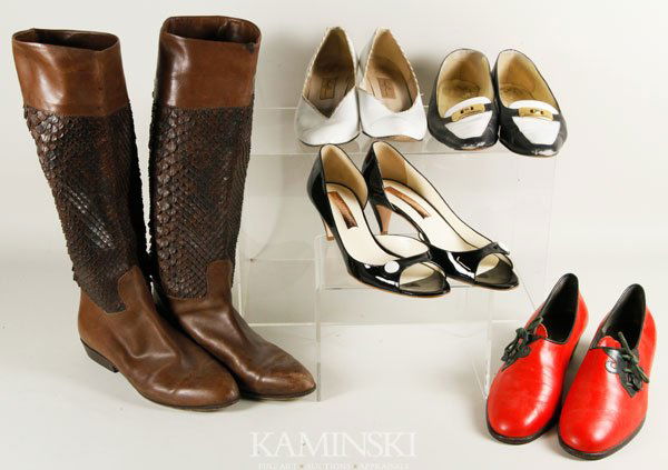 5 Pairs of Shoes: Lot of five pairs of shoes to include black patent leather kitten heels, Rupert Sanderson, size 39; Via Spiga brown leather boots, made in Italy, size 8 1/2; Gianfranco heeled loafers with gold buckle