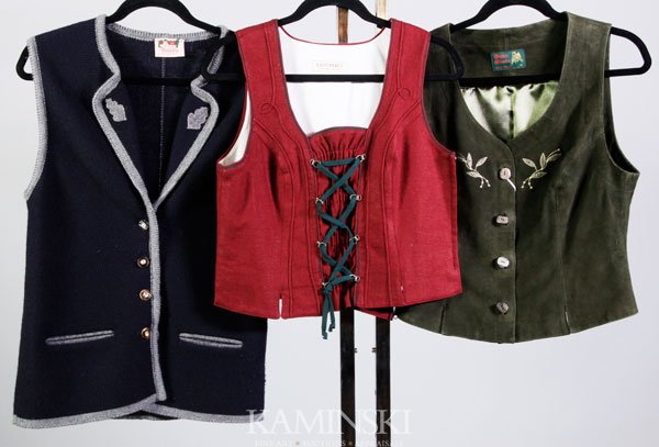 Lot of 3 Tyrolean Vests: Lot of three Tyrolean vests, green leather, maroon linen, and sweater vest, size 8.
