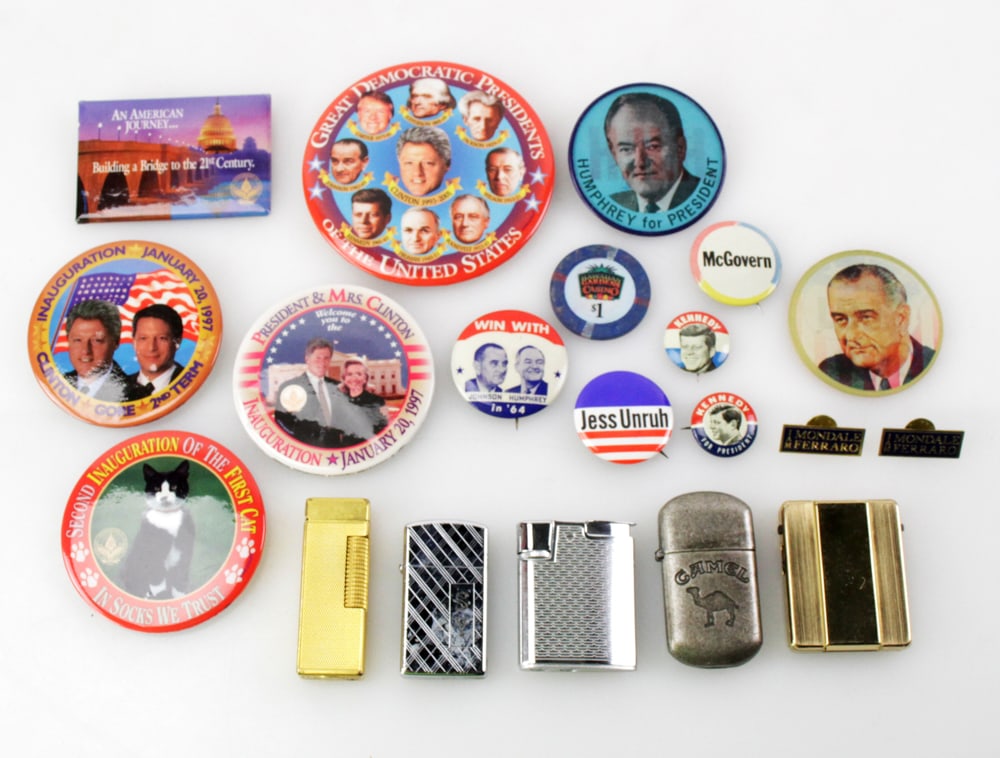 Political Buttons and Lighters, one by Dunhill: Political buttons with lighters, one by Dunhill. Provenance: Palm Desert, California collection.
