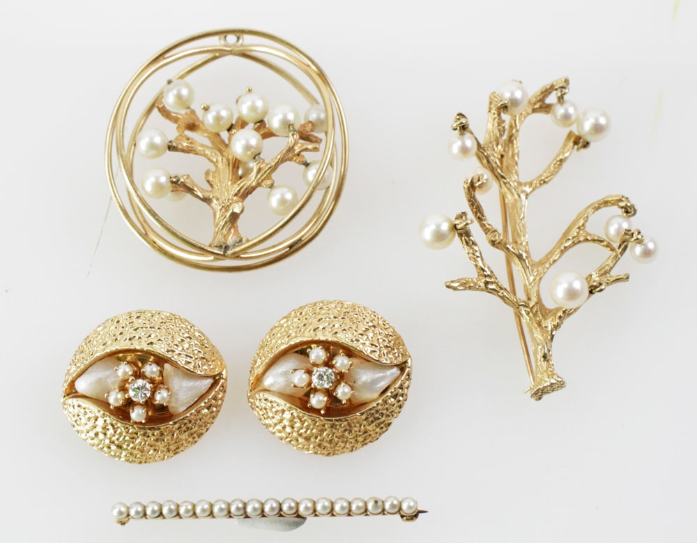 Ladies' Pearl Jewelry, 14k Gold, Earrings, Pin, Pendant (1 of 9)