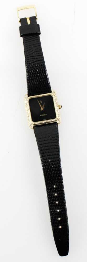 Concord Men's 18k Gold and Diamond Wrist Watch: Concord men's 18k gold and diamond wrist watch, 1 1/4" x 1". Approximately 30 grams including movement and band. Works. Provenance: Boston, Massachusetts estate collection. PLEASE NOTE: payment for si