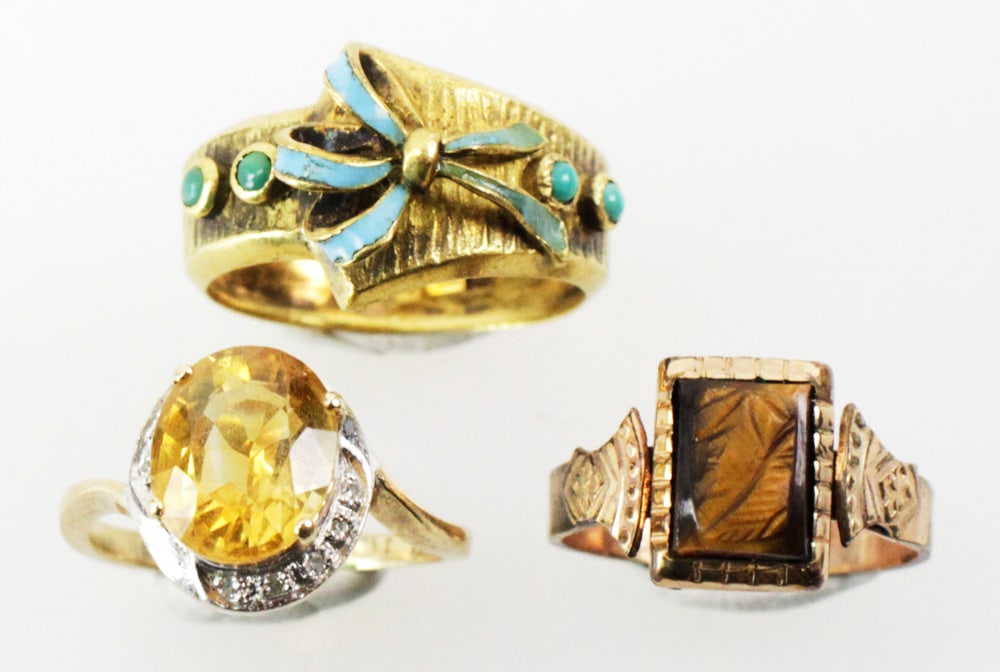 Ladies' Rings, 10k and 14k Gold: Ladies' rings, lot of (3), including (2) 10k, approximately 6 grams TW, and (1) 14k, approximately 6 grams TW. Provenance: Boston, Massachusetts estate collection. PLEASE NOTE: payment for silver, gol