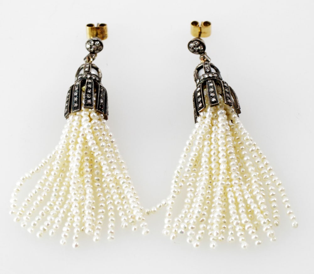 Silver, Diamond and Seed Pearl Tassel Earrings (1 of 6)