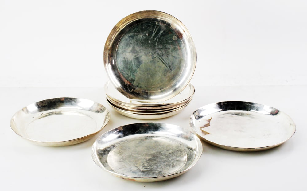 Islamic Persian Silver on Copper Bowls: Islamic Persian silver on copper bowls, set of (9), 9 1/2" diameter. Provenance: Palm Beach, Florida estate.