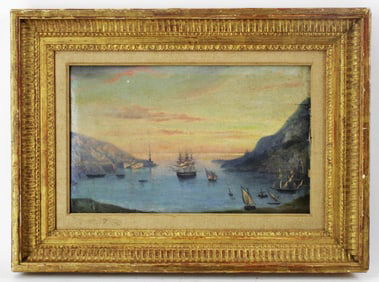 19thC, Ships in Harbor, Oil on Artist Board