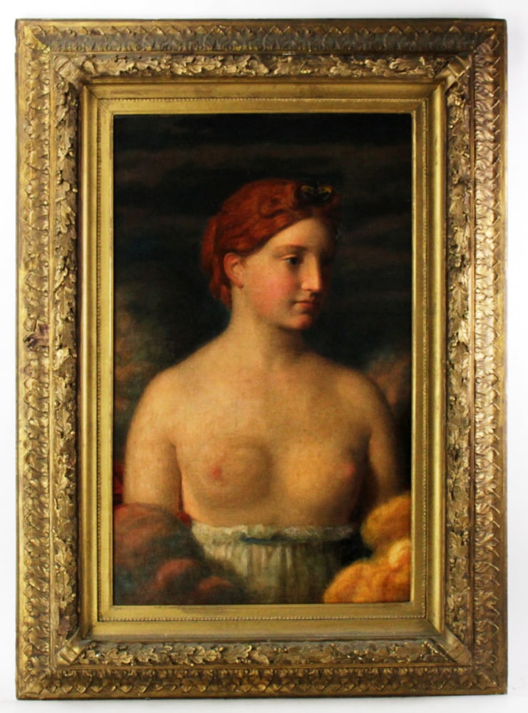 19thC Pre-Raphaelite Portrait of Nude Red-Haired Girl: 19th century Pre-Raphaelite portrait of nude red-haired girl, oil on canvas, 31" x 19", framed 42" x 30". Provenance: Southern Connecticut collection.