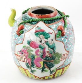 19th C. Chinese Export Famille Rose Nyonya Straits Peranakan Market Teapot/Wine Pot