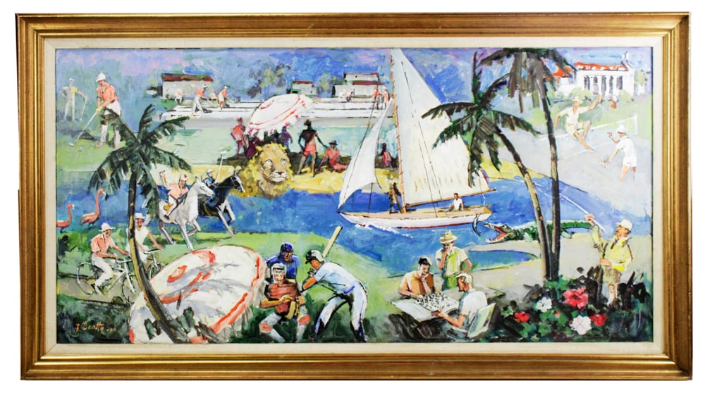 Frank Beatty, Cape Ann Sports, Oil on Board: Frank Beatty, "Cape Ann Sports", oil on board, signed L/L and dated (19)80, 24" x 49", framed 29" x 53". Provenance: Rockport, Massachusetts collection.