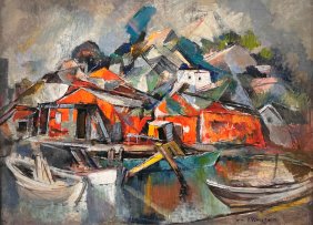 William Meyerowitz, Small Harbour, Oil on Canvas