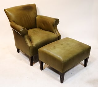 Green Leather Armchair with Matching Ottoman