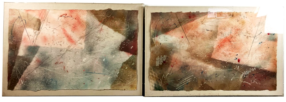 Pair of Abstracts on Paper in Lucite Boxes: Pair of abstracts on paper in Lucite boxes, signed indistinctly, dated (19) 84, 33" x 52", framed 38" x 59". Provenance: Gloucester, Massachusetts collection.