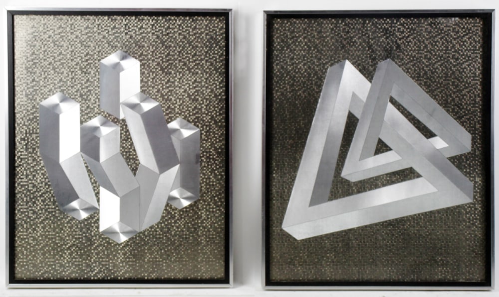 Pair of Mixed Metal Designs, Aluminum: Pair of mixed metal designs, aluminum, unsigned, 21" x 17". Provenance: Gloucester, Massachusetts collection.
