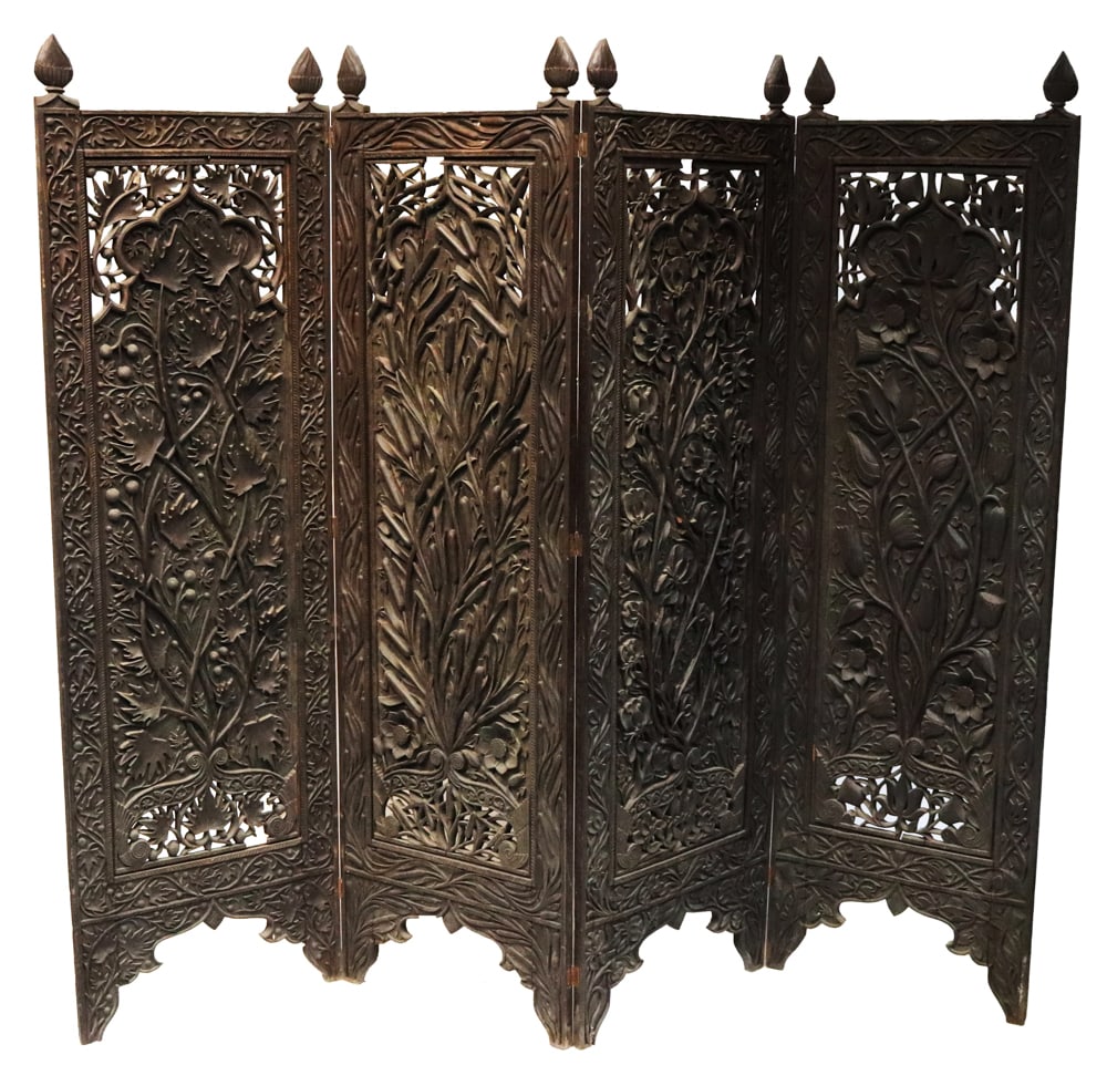 19thC Carved 4-Panel Dressing Screen (1 of 9)