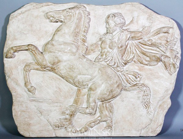 20th C. Parthenon Frieze Element: 20th century plaster Parthenon frieze element, 43" h x 54" w x 4" d.