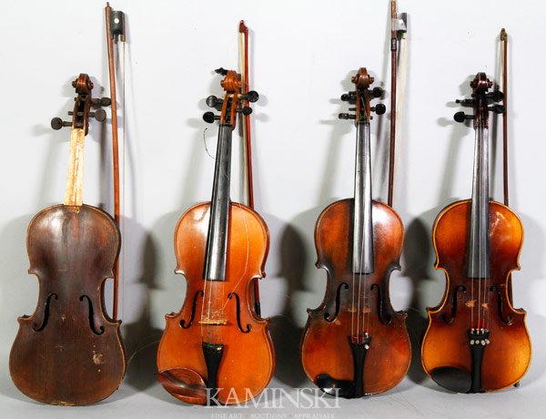 Lot of 4 Violins: Lot of four violins, assorted makes and models, largest case 31 1/2" x 10". In various conditions.