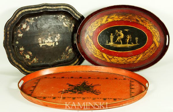 Lot of 3 Trays: Lot of three trays to include two tole, one lacquered papier mache, largest 25" x 19 1/2". Both tole trays have scrapes and paint loss, papier mache has scrapes, paint loss and some cracking to lacque