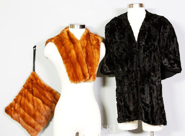 Lot of 3 Furs: Lot of fur items, to include one persian lamb capelet by L. P. Rogers and Son of Boston, approx size medium, and matching mink set, of shawl and purse.