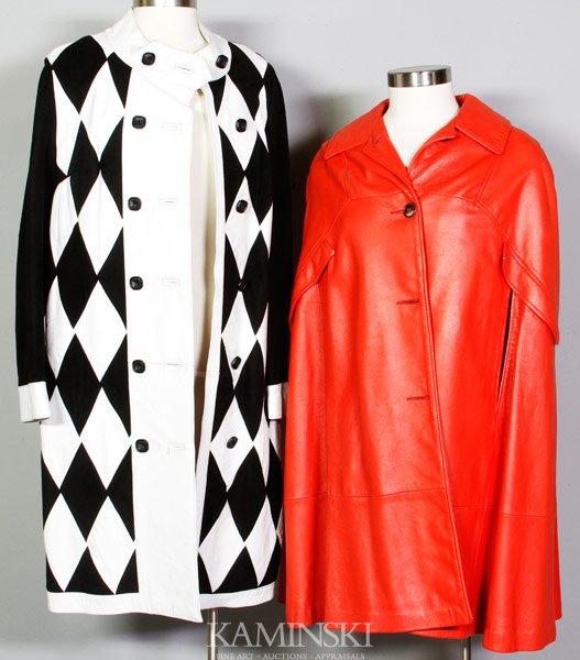 2 Vintage Leather Coats: Two leather coats, one Suedes of London, black and white diamond patterned coat, suede and leather, approx size 10; one Leathers by New England Sportswear Co. of Peabody, MA, red leather cape, free si