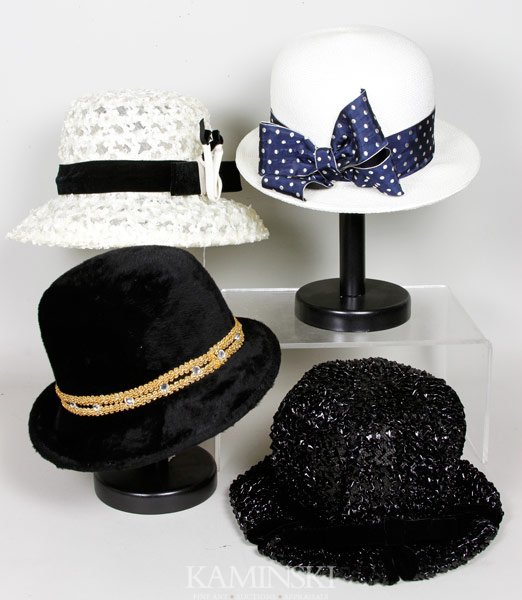 Lot of 4 Vintage Hats: Lot of four vintage hats, to include one by Christian Dior chapeaux; one Jordan Marsh with polka dot bow, size 22; black felt made in Switzerland; white ribbon hat, all in boxes.