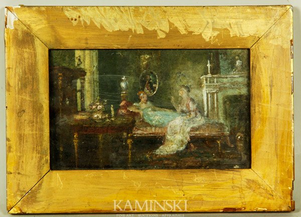 French School, O/C: French school, 19th century unsigned, oil on canvas mounted on panel, 4 3/4" x 7 1/2" (image), 7 3/8" x 10 1/4" (frame, under glass).